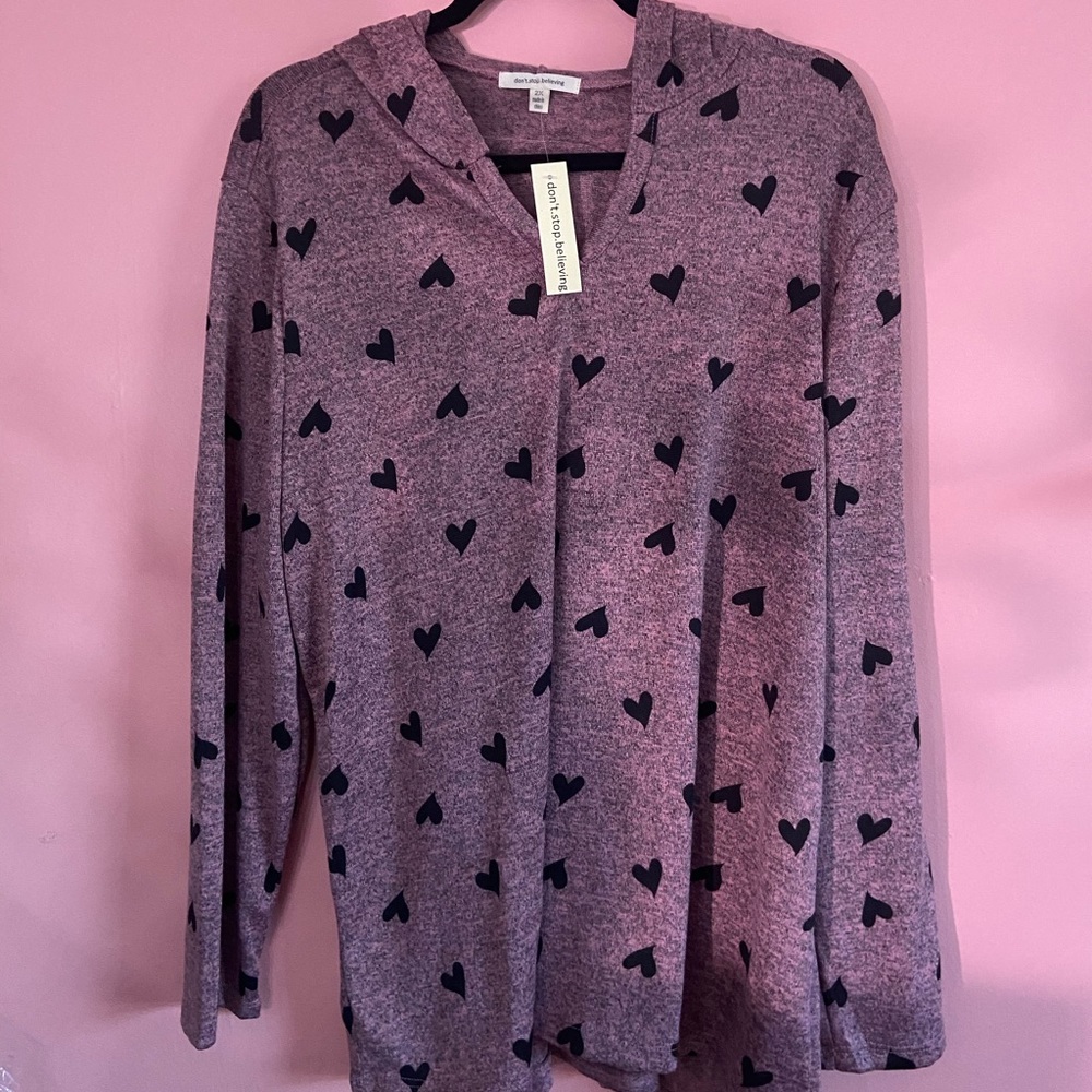 Hooded Long Sleeve Shirt (Purple with Black Hearts) *2X*